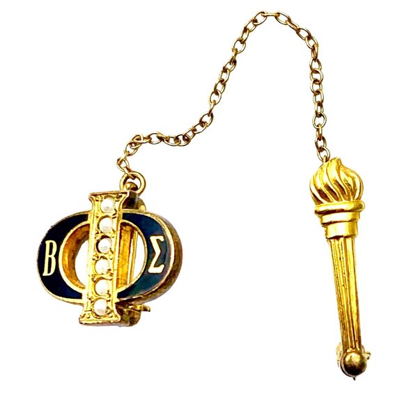 Vintage Beta Sigma Phi Fraternity Gold Tone Enamel Exemplar Torch Pin Pearls - Picture 7 of 7